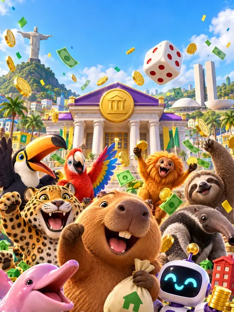 Capivara, onça, tucano, arara, boto e outros bichos comemorando com moedas diante do banco, com o Cristo Redentor ao fundo