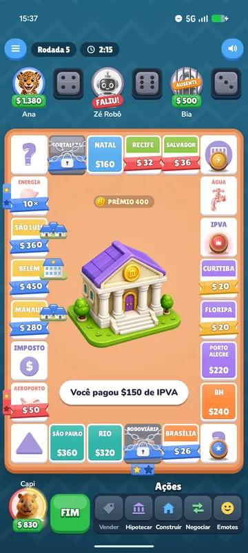 Partida de 3 jogadores no tabuleiro de 24 casas, com o banco no centro